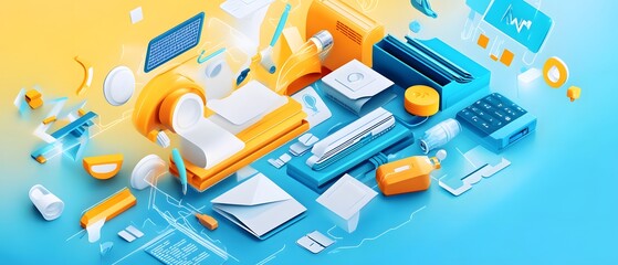 Wall Mural - Abstract 3D Isometric Office Supplies and Elements on Blue Background.