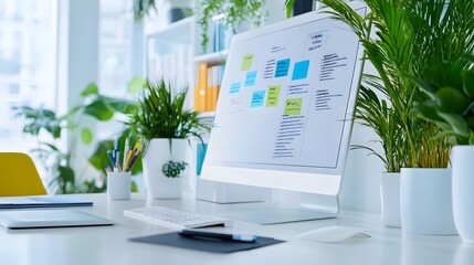 Poster - Modern office workspace with computer, keyboard, and plants.