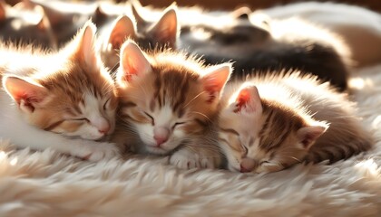 Wall Mural - Sleepy orange and white kittens nestled in a cozy bed of soft fur