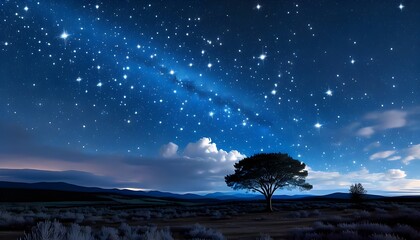 Wall Mural - Lonely tree under a starry night sky in a vast desert illuminated by a milky white cloud