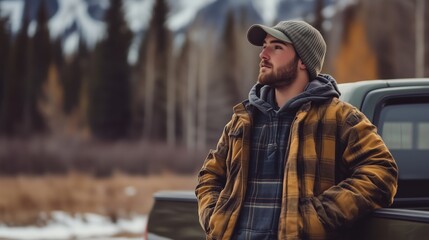 Poster - A young man enjoys the tranquil beauty of nature while leaning against his truck amidst snowy mountains in winter