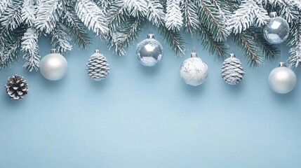 Snowy pine branches with silver ornaments and pine cones on a light blue background.