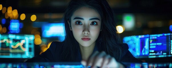 Poster - Businesswoman Focused on Stock Market Data