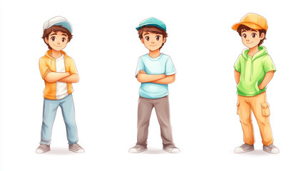 Three young boys stand in a row, each wearing a different outfit.