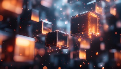 Poster - Abstract glowing cubes float in a dark space, creating a futuristic digital atmosphere with shimmering particles and light effects.