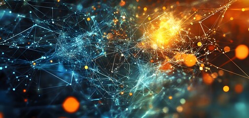 Poster - Abstract digital network with glowing particles and vibrant colors representing data connection and technology innovation.