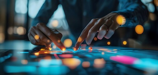 Poster - close-up of hands interacting with a digital interface, showcasing technology and innovative design 