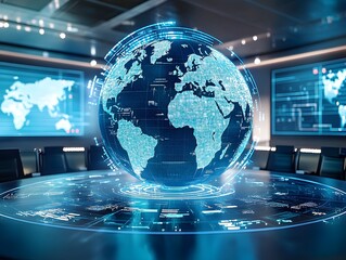 Fototapete - Digital globe with world map displayed in a modern office setting, showcasing global connectivity and technology.