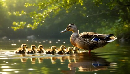 Mother duck guiding her ducklings peacefully across a serene river, showcasing natures harmony and gentle beauty