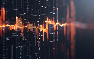 Poster - Dynamic waveform visualization with vibrant orange colors against a dark background, ideal for technology or music themes.