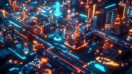 Poster - futuristic cityscape in neon colors, showcasing vibrant lights and complex structures in a stunning 