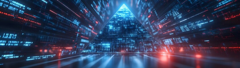 Poster - Futuristic digital landscape featuring a glowing pyramid structure with vibrant neon lights and dynamic motion effects.