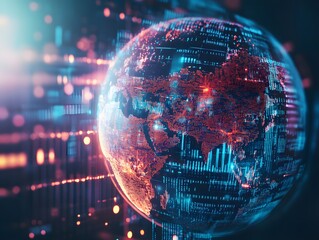 Poster - Futuristic globe visualization showcasing digital data connections and glowing lights, representing technology and global networking.
