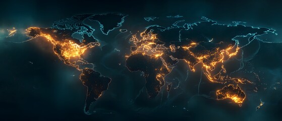Poster - Illuminated world map displaying cities with vibrant light connections, symbolizing global connectivity and modern technology.