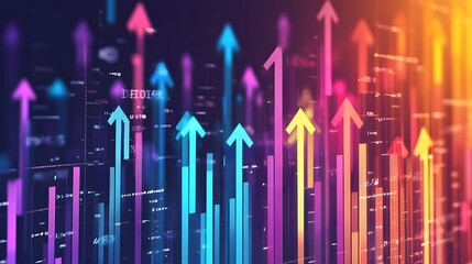 Poster - Vibrant arrows symbolize growth and progress, representing data analysis and upward trends in a modern digital landscape.