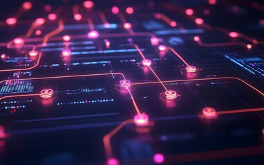 Poster - Vibrant digital circuit design with glowing connections, showcasing technology and innovation in a futuristic setting.