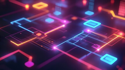 Poster - Vibrant digital circuit design with glowing lines and nodes, perfect for technology and innovation themes.