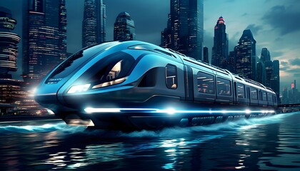 Wall Mural - Futuristic train gliding through illuminated city streets at night, surrounded by towering buildings and vibrant urban lights