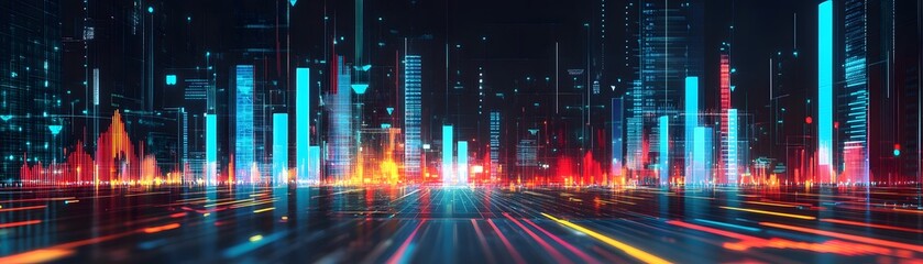 Poster - Vibrant digital cityscape with colorful light trails and towering data visuals representing modern technology and innovation.