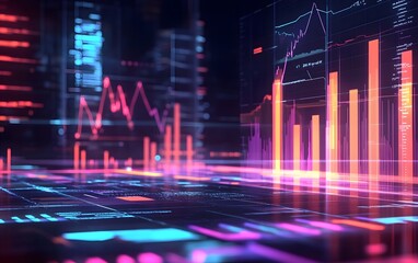 Poster - Vibrant digital data visualization with glowing graphs and metrics representing financial trends and analytics in a futuristic style.
