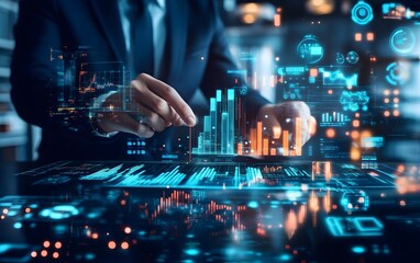Poster - A business professional interacts with advanced data visualization technology, analyzing charts and graphs for insightful decision-making.