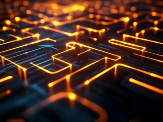 Poster - A captivating abstract representation of a circuit board, illuminated with glowing orange lines, perfect for technology themes.