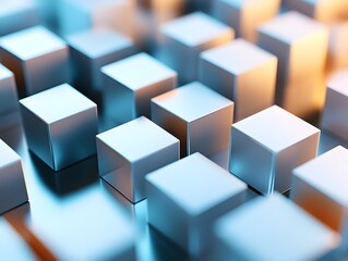 Poster - A close-up view of metallic cubes reflecting soft light, creating an abstract and modern visual appeal perfect for design projects.
