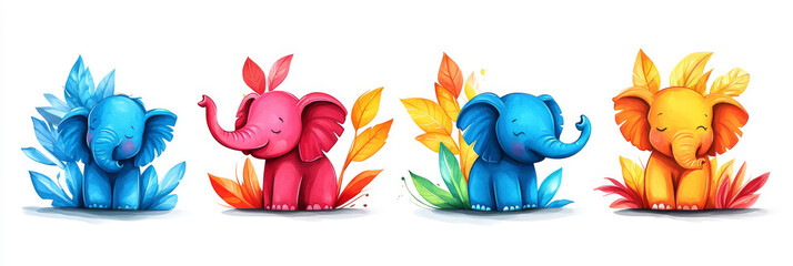 Poster - Four colorful baby elephants in a jungle setting.