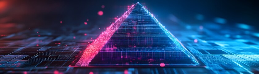 Poster - A futuristic pyramid illuminated with vibrant neon colors, set against a digital background, symbolizing technology and innovation.