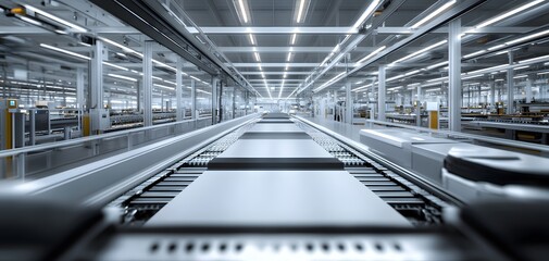 Poster - A modern conveyor system in a spacious warehouse, showcasing advanced technology and efficient operations.