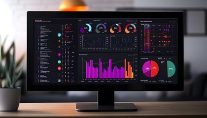 Fototapete - A modern computer monitor displays vibrant data analytics with colorful charts and graphs, showcasing statistical insights.