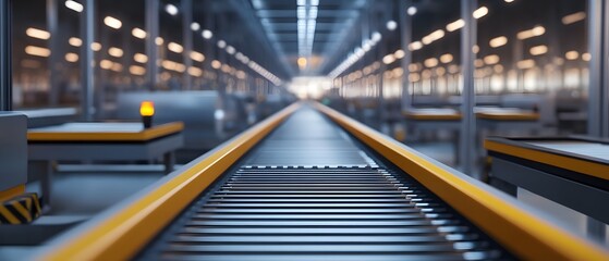 Poster - A modern warehouse interior featuring a conveyor belt, showcasing industrial design and efficient logistics setup.