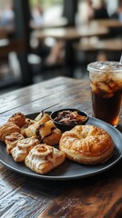 Wall Mural - Delicious assortment of pastries and iced coffee enjoyed at a cozy café during the afternoon