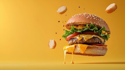 A mouthwatering cheeseburger featuring fresh lettuce, ripe tomato, and melting cheese, set against a vibrant yellow background for an appetizing look.