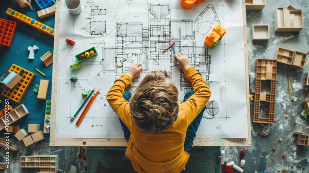 Child Acting as Architect with Building Plans Stock Photo | Adobe Stock