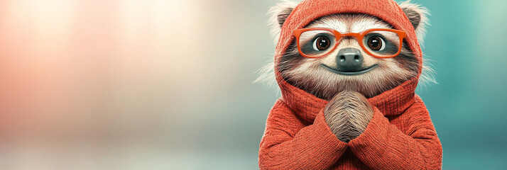 Sticker - A cute sloth wearing a red hoodie and glasses looks at the camera with a warm smile.