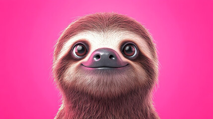 Canvas Print - Cute sloth with big eyes smiles against a pink background.