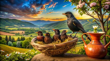 Wall Mural - A ceramic jug cradles nesting blackbirds and their chicks, a beautiful display of nature’s artistry in a delightful,