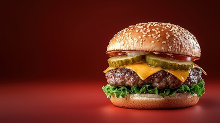 This image features a delicious cheeseburger with fresh toppings, including lettuce, pickles, and ketchup, set against a vivid red background. Ideal for food-related content.