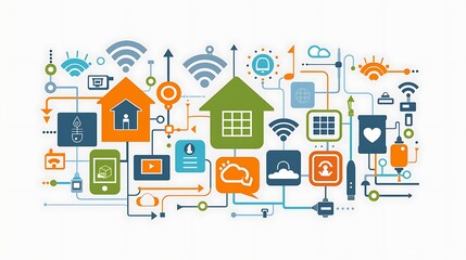 Poster - Illustration of a smart home with various interconnected devices and technologies.