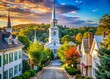 © Danicha - Elegant white steeple rises above a picturesque American town's quaint streets, surrounded by lush greenery and