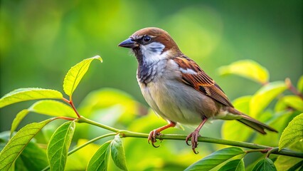 Wall Mural - A lovely sparrow sits upon a branch, nestled amidst lush green foliage, illuminated by the warm embrace of