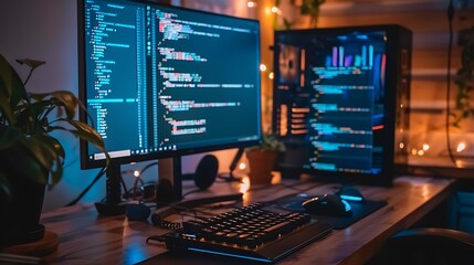 Poster - Computer desktop setup with two monitors displaying code on the screen. The image captures the essence of modern technological workspaces and the intricate world of software development.
