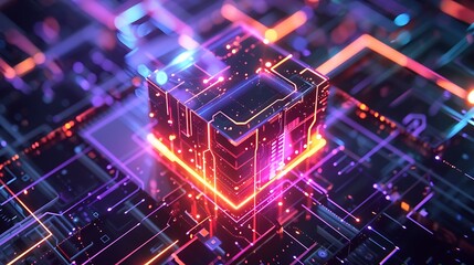 Fototapete - 3D rendering of a digital cube with glowing neon lights, representing abstract technology and innovation.
