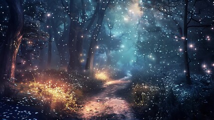 Wall Mural - magical forest path at night, illuminated by fireflies and glowing sparkles. the trees are dark and 