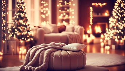 Wall Mural - Cozy blurred Christmas living room adorned with warm brown tones, twinkling lights, festive tree, and scattered gifts