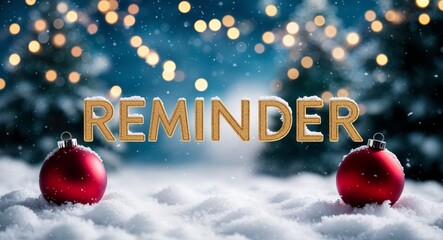 reminder lettering on winter snow holidays blurred lights bokeh background