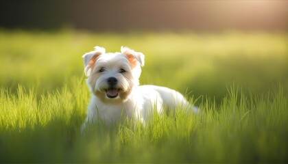 Joyful puppy relaxing in lush green grass for website banner design