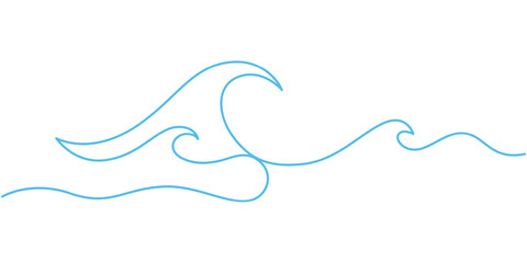 Continuous one line drawing water splashes wave twirl isolated surge blue sparks breaker. Wave curly shapes icon symbol on white background. One continuous Line drawing of sea wave. Modern abstract