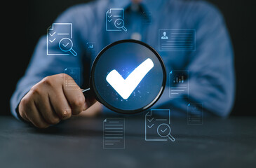 Aufkleber - Businessman Audit documents, quality assessment management With a checklist, business document evaluation process, market data report analysis and consulting, plan review process.